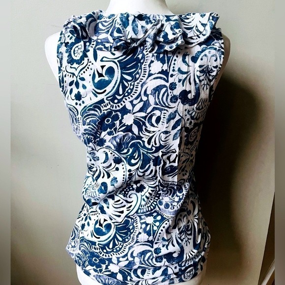 Lauren Ralph Lauren Blue Floral Ruffle Neck Cotton Sleeveless Top Womens Medium - Picture 4 of 12